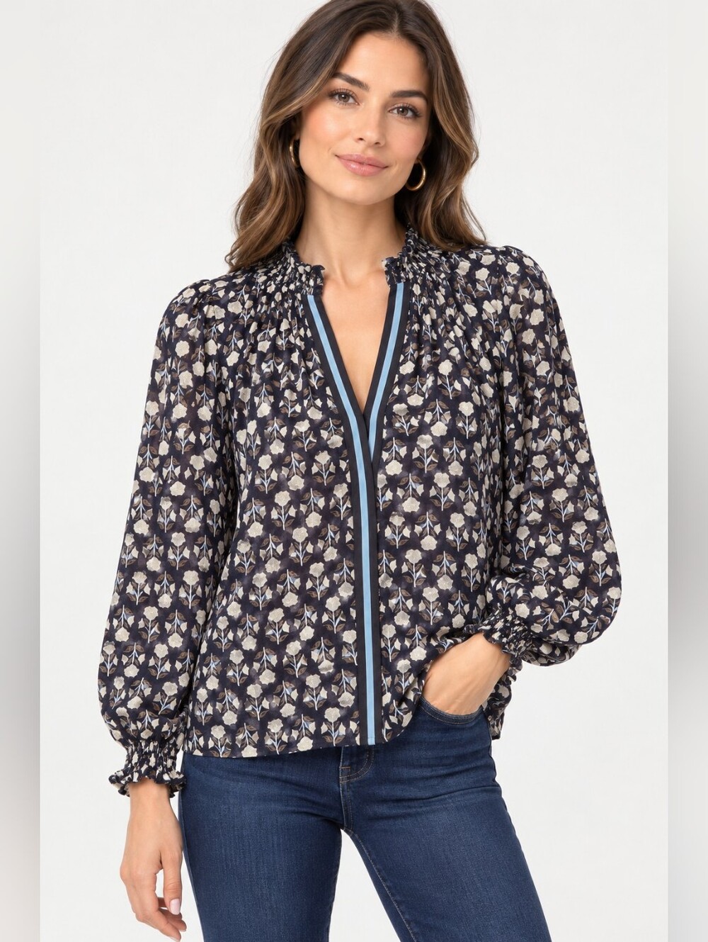 Rungolee Midnight Jaipur Floral Navy Floral Silk Blouse XL